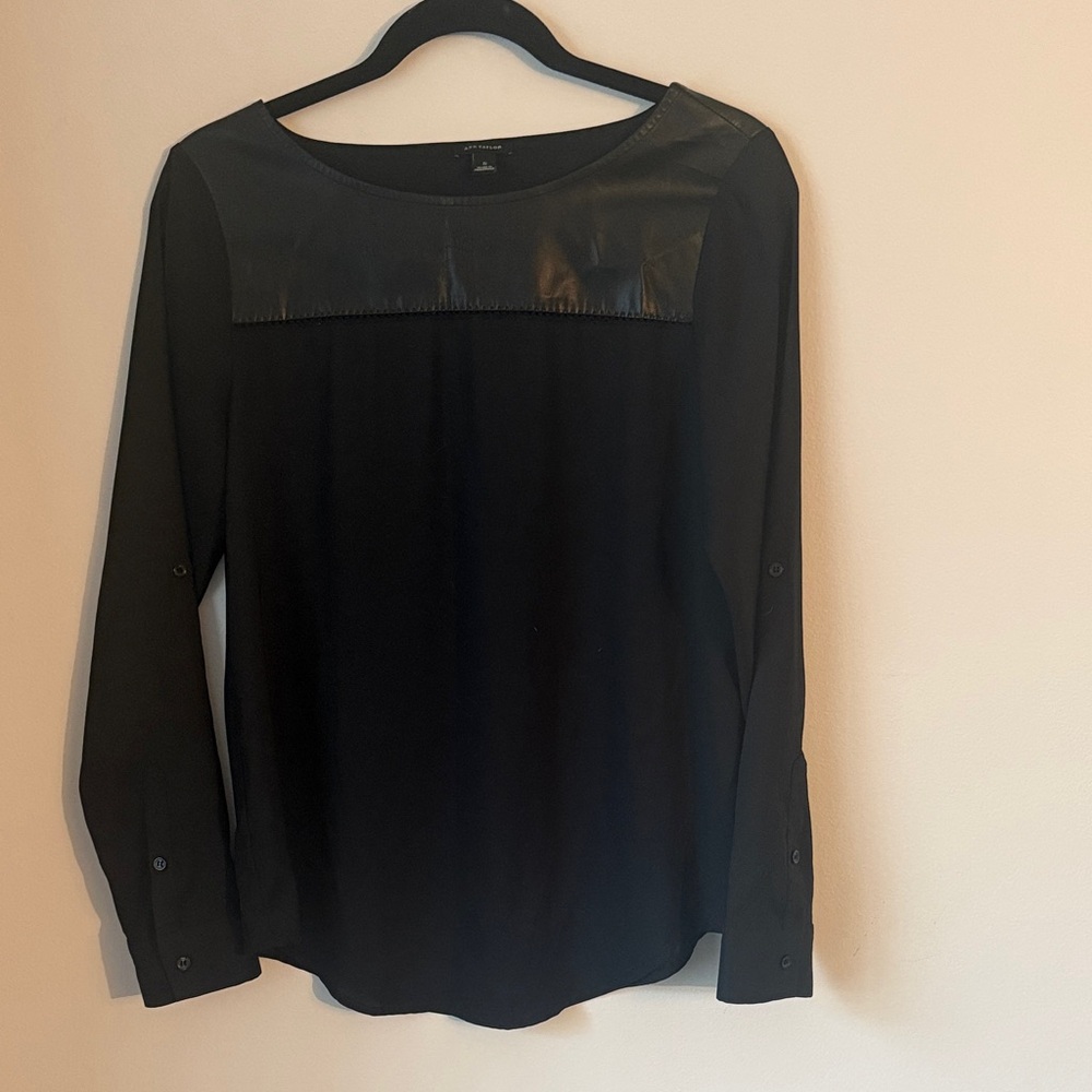 Ann Taylor Black Blouse with Leather Detail